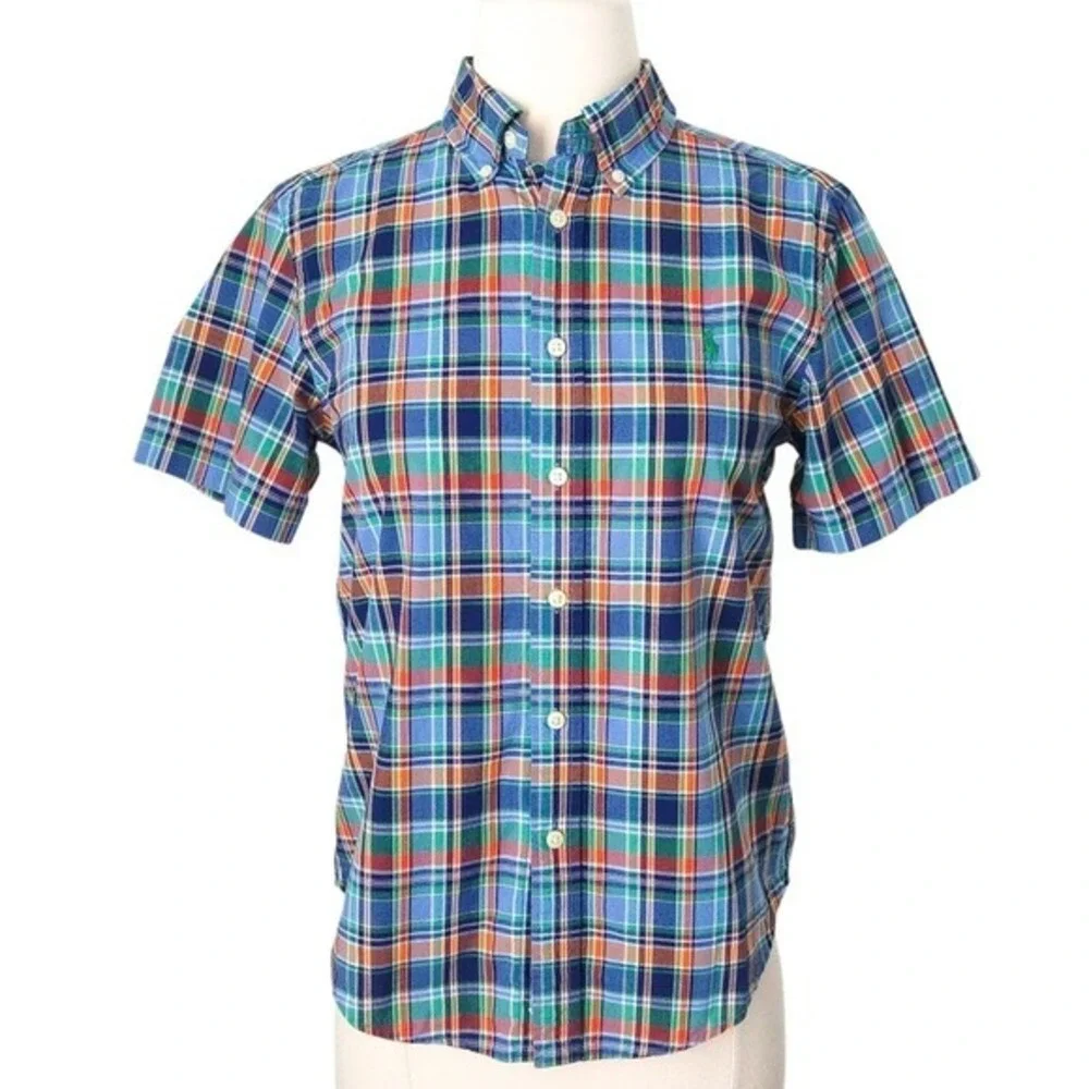 Ralph Lauren Blue Green Orange Plaid Short Sleeve Button Down Shirt- Child Boy M